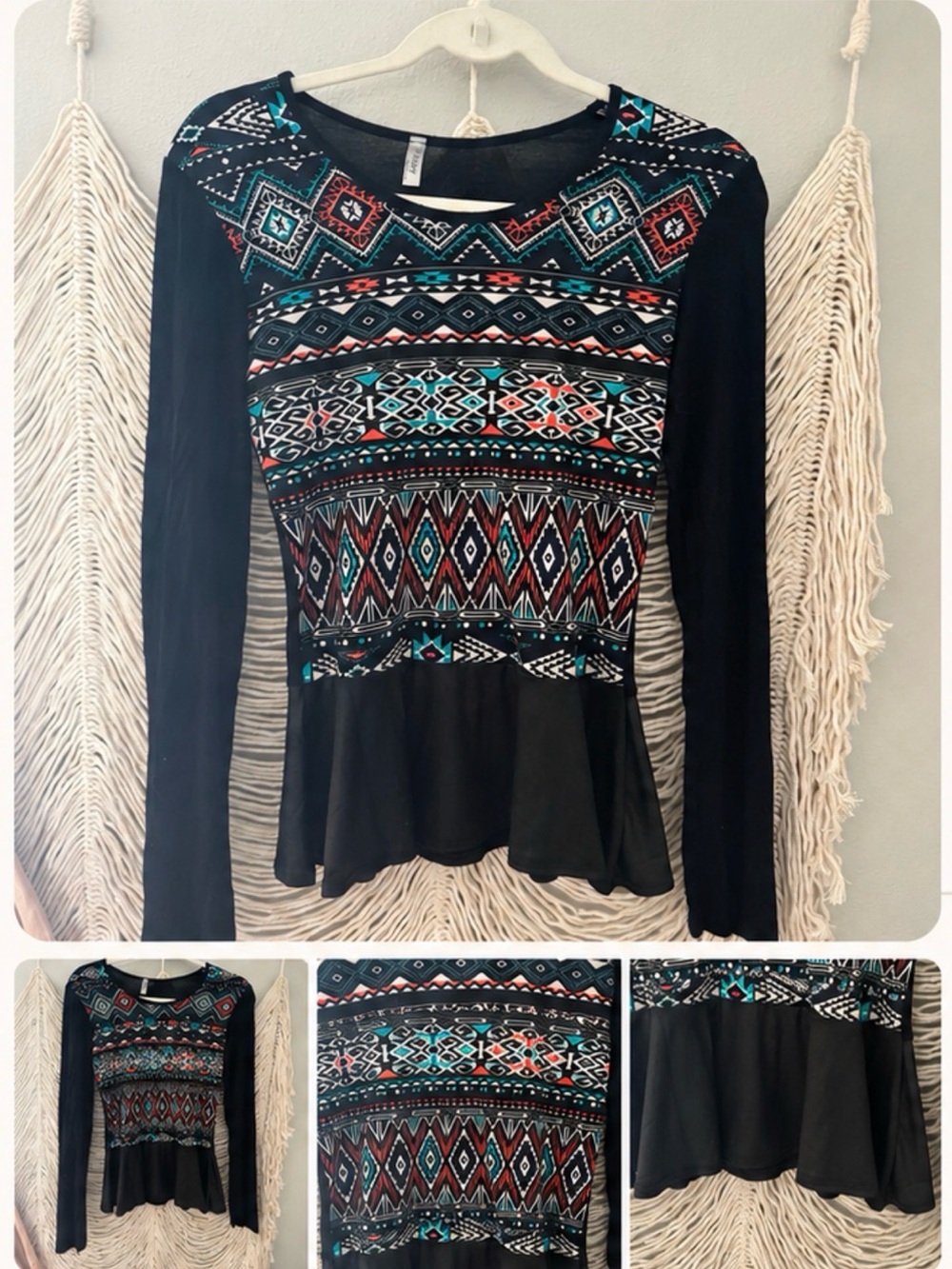 Black Long-Sleeve Aztec Peplum Top with Teal & Coral Accents